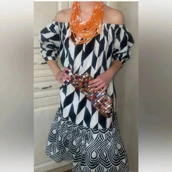 Patricia Nama dress geometric pattern designer black white mini babydoll - Picture 1 of 12